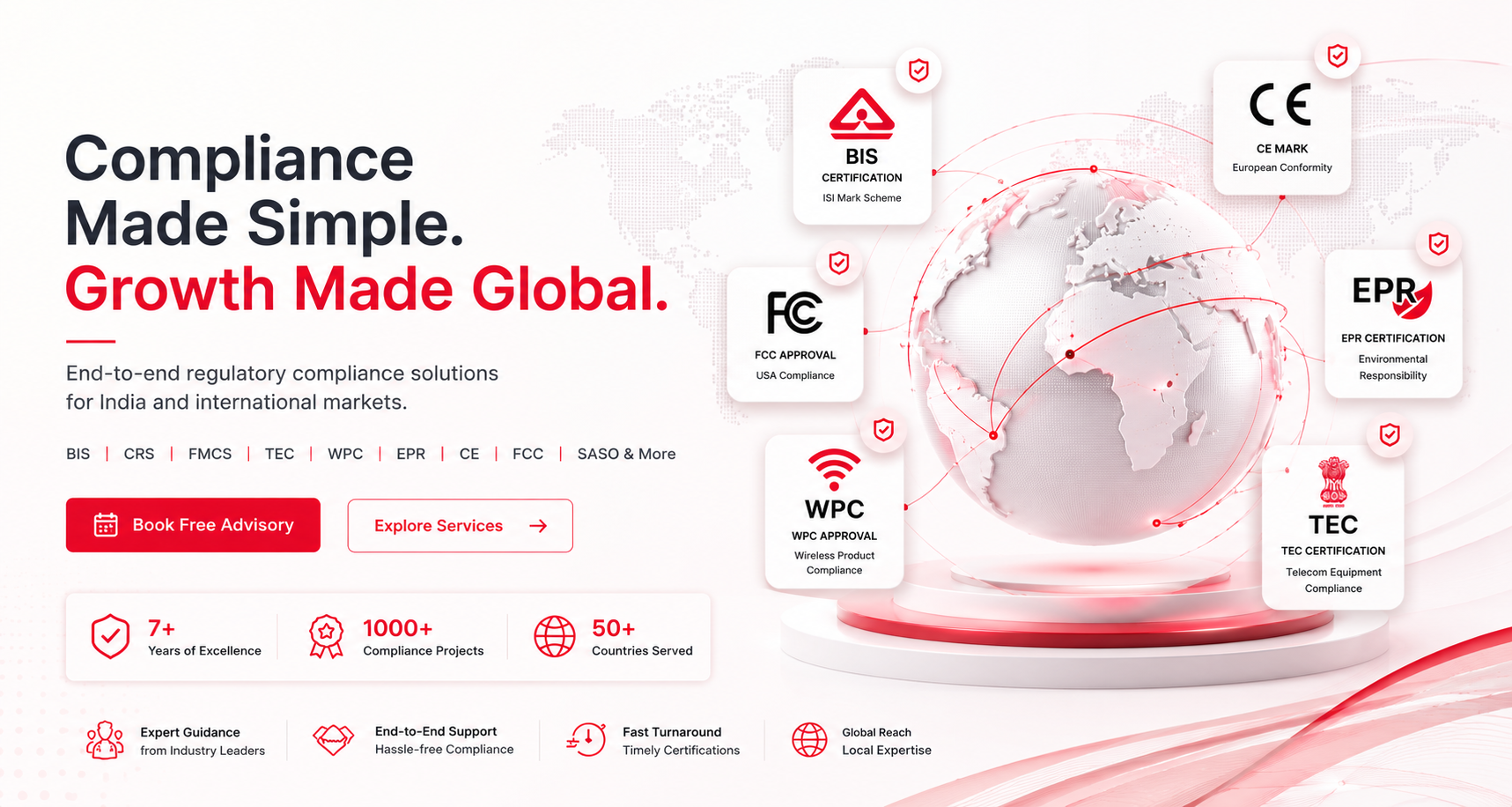 Compliance Made Simple. Growth Made Global. End-to-end regulatory compliance solutions for India and international markets covering BIS, CRS, FMCS, TEC, WPC, EPR, CE, FCC and SASO.